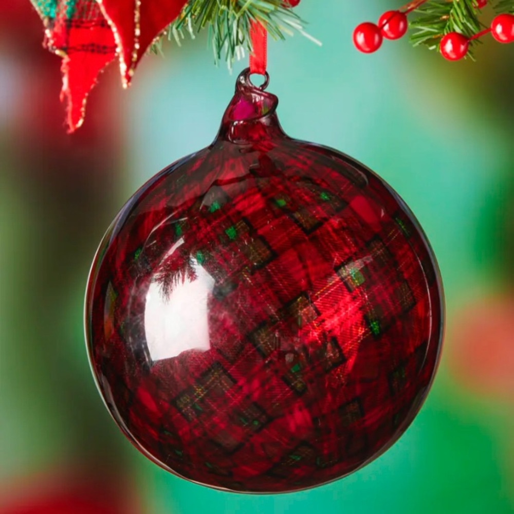 Beautiful Plaid Handblown Glass Ornament